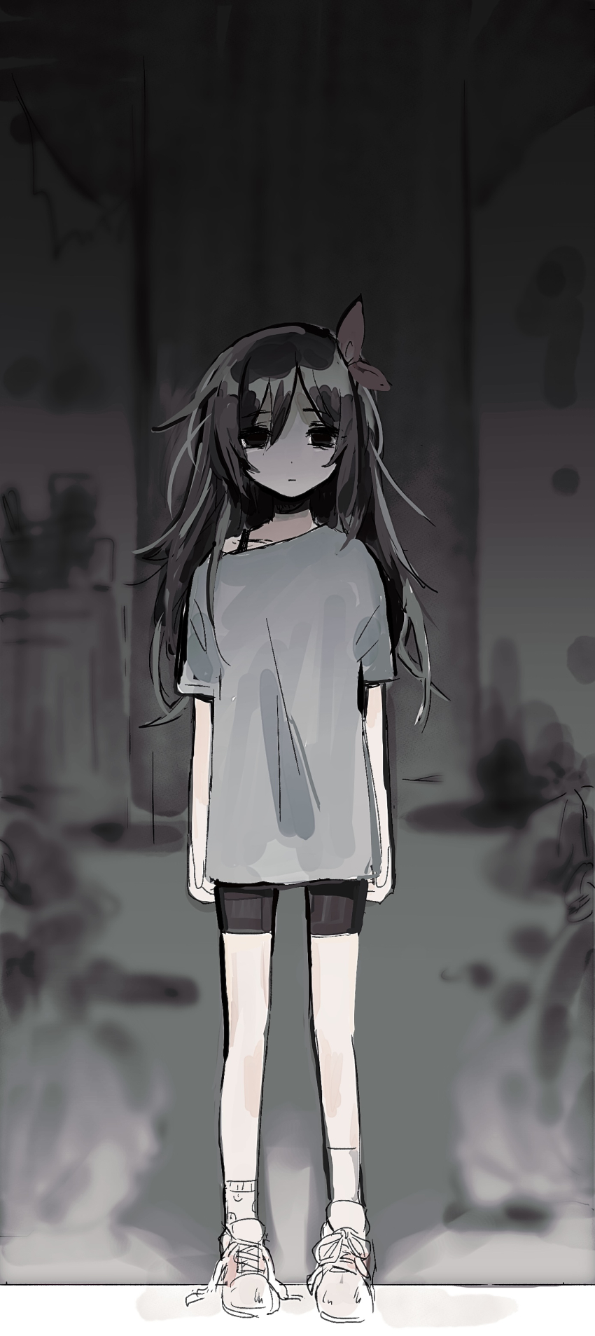 1girl absurdres aged_down alley arms_at_sides asymmetrical_legwear aubrey_(faraway)_(omori) aubrey_(omori) black_eyes black_hair black_shorts blue_shirt blurry blurry_background bow bra_strap closed_mouth collarbone commentary dark empty_eyes full_body hair_between_eyes hair_bow highres long_hair mismatched_legwear no_pupils omori outdoors pink_bow shirt shoelaces shoes shorts sketch socks solo standing straight-on sukinakoto1ppai untied_shoelaces