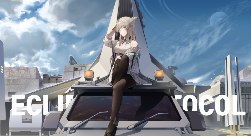 1girl :o absurdres animal_ears arknights arknights:_endfield bare_shoulders belt bird_ears bird_girl black_gloves black_pantyhose black_shoes blue_eyes blue_sky car cloud commentary_request dress dunggeul_dunggeul gloves grey_hair hand_on_own_head high_belt highres jacket knee_up long_hair looking_at_viewer moon motor_vehicle multicolored_gloves off_shoulder on_car open_clothes open_jacket outdoors pantyhose perlica_(arknights) planetary_ring shoes sitting sky sleeveless sleeveless_dress solo two-sided_gloves two-tone_gloves underbust white_dress white_jacket yellow_gloves yellow_pupils