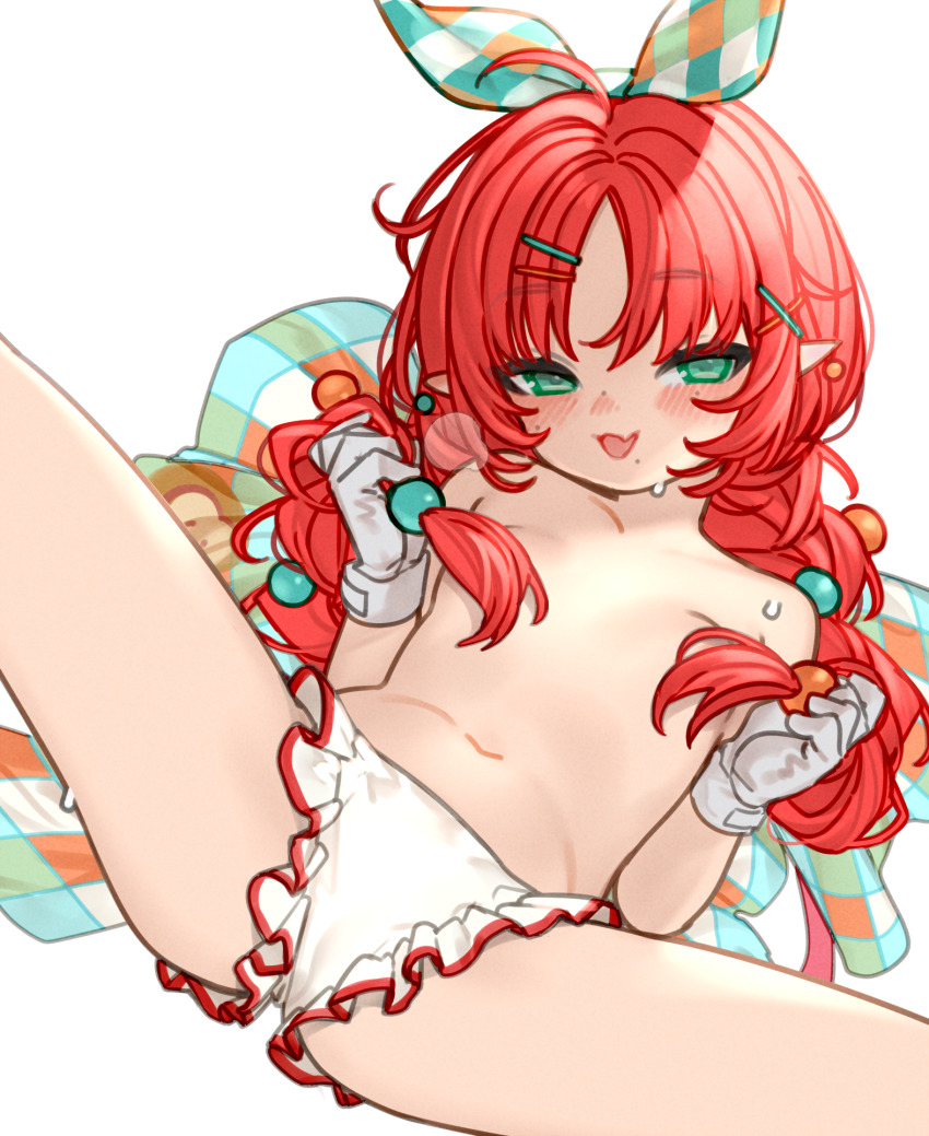 1girl arknights blush breasts commentary_request fang gloves green_eyes hair_ornament highres kochiya_(gothope) loli long_hair myrtle_(arknights) myrtle_(bustling_festival)_(arknights) navel paid_reward_available pointy_ears red_hair simple_background small_breasts solo spread_legs white_background white_gloves