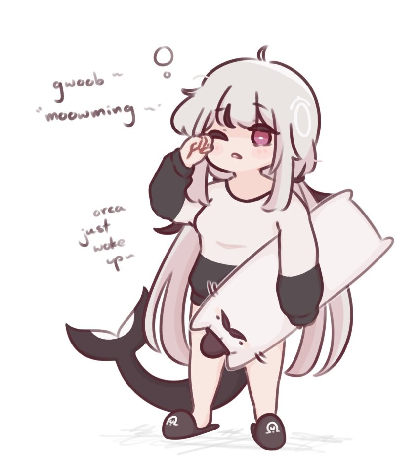 1girl artist_self-insert black_hair black_slippers breasts carrying carrying_under_arm cetacean_tail chonkyorca commentary english_text fins fish_tail full_body grey_hair hand_up highres long_hair long_sleeves low_twintails medium_breasts multicolored_hair one_eye_closed orca_(chonkyorca) original parted_lips puffy_long_sleeves puffy_sleeves purple_eyes rubbing_eyes shirt simple_background sleepy sleeves_past_wrists slippers solo standing streaked_hair symbol-only_commentary tail twintails very_long_hair white_background white_shirt