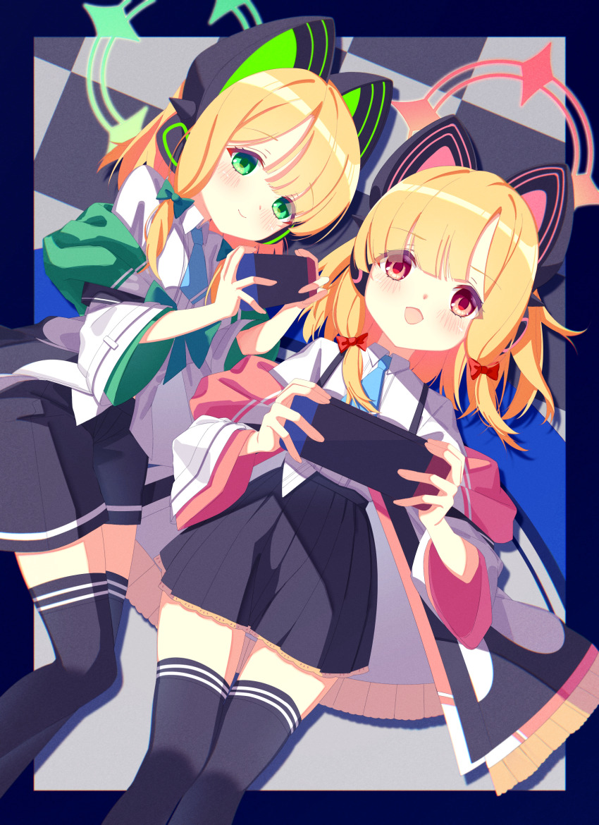 2girls animal_ear_headphones animal_ears black_border black_jacket black_shorts black_skirt black_thighhighs blonde_hair blue_archive blue_necktie blunt_bangs blush border bow cat_ear_headphones cat_ears checkered_floor chromatic_aberration closed_mouth collared_shirt commentary dress_shirt english_commentary eyes_visible_through_hair fake_animal_ears feet_out_of_frame frilled_jacket frilled_skirt frills green_bow green_eyes green_halo hair_bow halo handheld_game_console hatsube headphones highres holding holding_handheld_game_console hood hood_down hooded_jacket jacket legs_together long_sleeves looking_at_viewer low-tied_sidelocks lying medium_hair midori_(blue_archive) miniskirt momoi_(blue_archive) multicolored_jacket multiple_girls necktie nintendo_switch off_shoulder on_back on_side open_mouth outside_border parted_bangs pink_halo pink_jacket playing_games pleated_skirt red_bow red_eyes school_uniform shadow shirt shirt_partially_tucked_in short_shorts shorts siblings sidelocks sisters skirt smile suspender_skirt suspenders thighhighs twins untucked_shirt white_jacket white_shirt wide_sleeves zettai_ryouiki