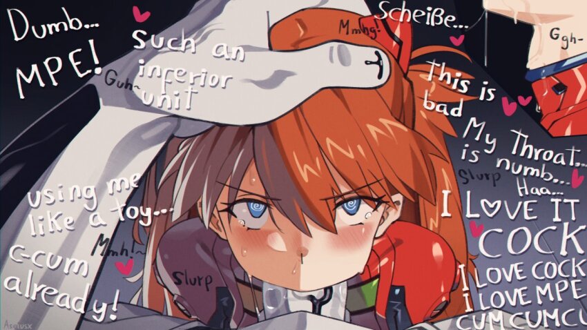 1boy 1girl @_@ aseiusx blue_eyes bodysuit commentary deepthroat english_commentary english_text fellatio german_text hair_between_eyes hand_on_another&#039;s_head long_hair looking_at_viewer mass_production_eva mecha_pilot_suit neon_genesis_evangelion oral orange_hair penis plugsuit_(evangelion) pov profanity red_bodysuit souryuu_asuka_langley uncensored