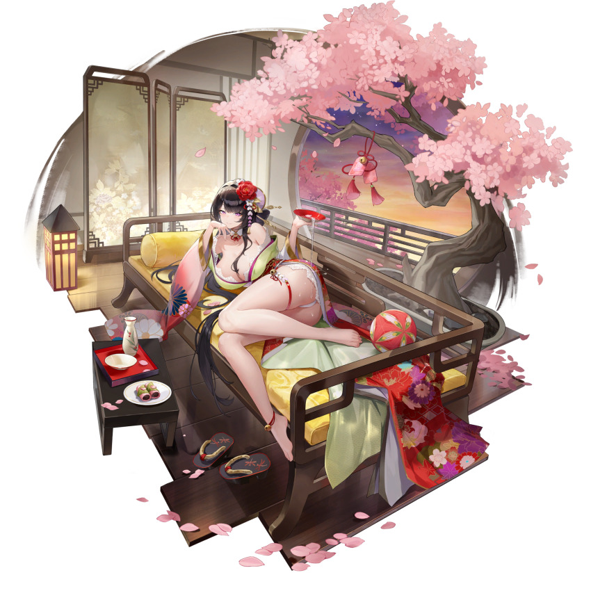 1girl ankle_bell ankle_ribbon ass barefoot black_hair breasts cherry_blossoms cleavage collarbone cup falling_petals floral_print floral_print_kimono flower food_request game_cg hair_flower hair_ornament hairpin heart heart_hair_ornament highres hinomiya_shion hinomiya_shion_(oath) holding holding_cup indoors japanese_clothes kimono large_breasts leg_ribbon long_hair looking_at_viewer lying multiple_hairpins non-web_source off_shoulder official_alternate_costume okobo on_side panties petals plate platform_sandals poker_fate print_kimono purple_eyes red_flower red_rose ribbon rose sakazuki sandals solo spilling table thigh_bell thigh_strap thighs transparent_background tree underwear very_long_hair white_panties wooden_table yellow_kimono