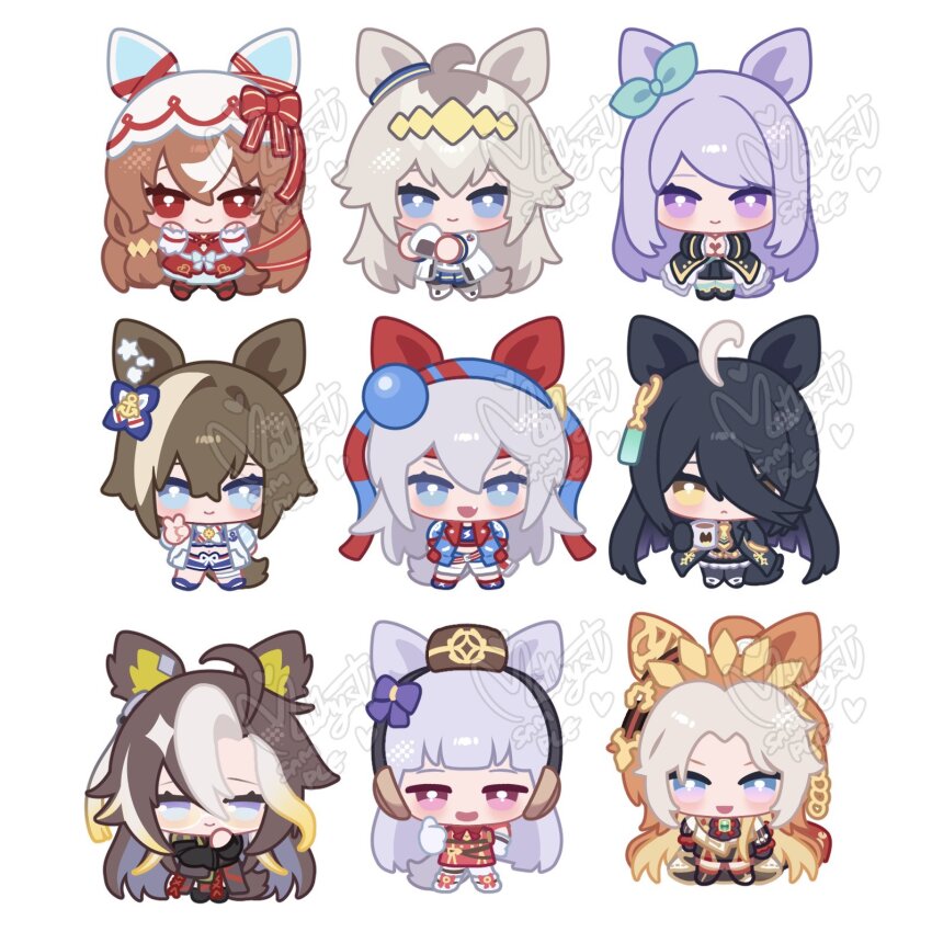 6+girls ahoge animal_ears aqua_bow ascot belt bikini bikini_shorts black_ascot black_coat black_gloves black_hair black_jacket black_pantyhose black_skirt black_thighhighs blue_bikini blue_eyes blue_hairband blue_jacket blue_sports_bra blue_swim_trunks blunt_bangs blush bow bowtie brown_hair brown_hat cheval_grand_(summer_calm_navy_drop)_(umamusume) cheval_grand_(umamusume) chibi chibi_only closed_mouth coat coffee coffee_mug collared_shirt commentary crop_top cup dream_journey_(reminder_of_dreamland)_(umamusume) dream_journey_(umamusume) dress ear_bow ear_covers ear_ornament ear_ribbon ear_tag earrings eyemethyst fang food frilled_jacket frills frown gem glasses gloves gold_ship_(red_strife)_(umamusume) gold_ship_(umamusume) green_gemstone grey_hair grey_tail hair_between_eyes hair_ornament hairband hands_in_pockets hat headband heart heart_hair_ornament highres holding holding_cup holding_food horse_ears horse_girl horse_tail jacket jewelry lightning_bolt_print lightning_bolt_symbol long_bangs long_hair long_hair_between_eyes long_sleeves looking_at_viewer manhattan_cafe_(creeping_shadow)_(umamusume) manhattan_cafe_(umamusume) mejiro_mcqueen_(frontline_elegance)_(umamusume) mejiro_mcqueen_(umamusume) midriff mug multicolored_hair multiple_girls necktie official_alternate_hairstyle oguri_cap_(starlight_beat)_(umamusume) oguri_cap_(umamusume) onigiri open_mouth orange_hair orfevre_(control)_(umamusume) orfevre_(umamusume) pants pantyhose pillbox_hat pleated_skirt purple_eyes purple_hair red_belt red_bow red_bowtie red_dress red_eyes red_headband ribbon shirt shorts simple_background single_ear_cover single_earring skirt sleeveless sleeveless_dress smile sports_bra star_(symbol) star_hair_ornament still_in_love_(scarlet_vow_raiment)_(umamusume) still_in_love_(umamusume) streaked_hair striped_clothes striped_hairband swimsuit symbol-only_commentary tail tamamo_cross_(umamusume) tamamo_cross_(with_lightning_speed)_(umamusume) thigh_strap thighhighs thumbs_up two-tone_hair umamusume v veil very_long_hair white_background white_gloves white_hair white_jacket white_pants white_pantyhose white_shirt white_streaks white_veil yellow_eyes yellow_necktie