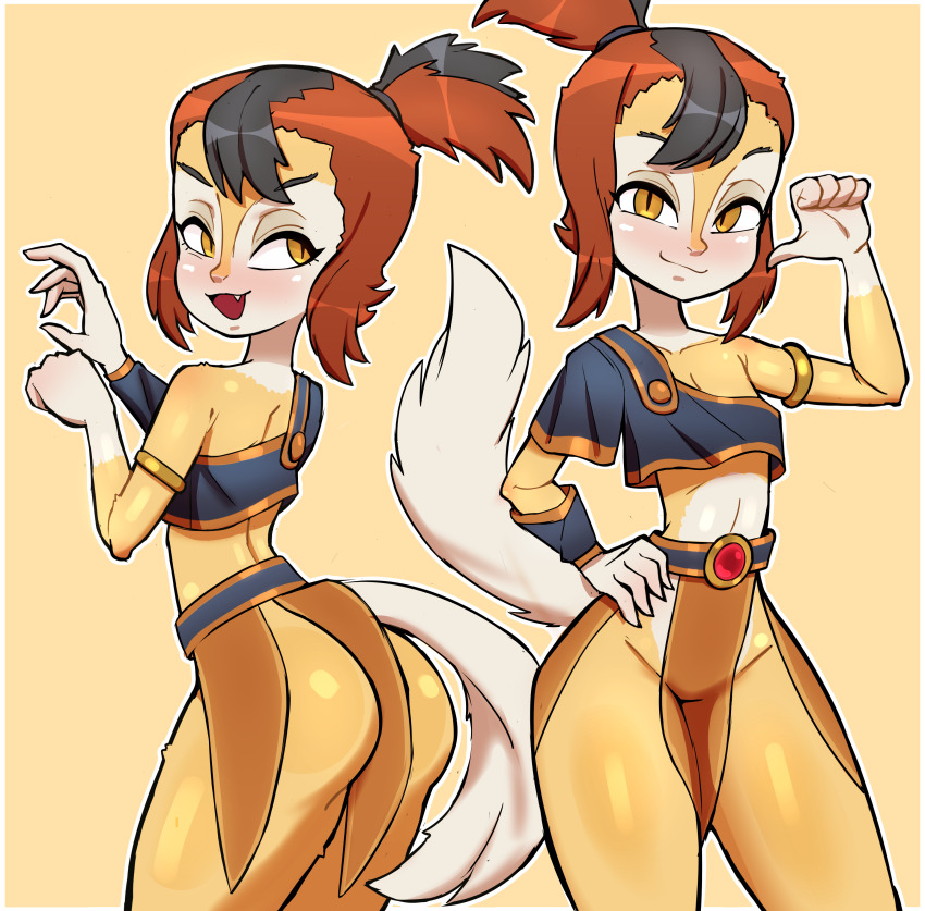 1girl :3 animal armlet ass black_hair black_shirt blush brown_hair cat cat_girl cat_tail claws collarbone dancer fang flat_chest from_behind furry hand_on_own_hip harem_outfit high_ponytail jewelry loli looking_at_viewer looking_back midriff multicolored_hair multiple_views open_mouth pelvic_curtain pointing pointing_at_self ponytail rukisan(pixiv) shirt short_hair short_sleeves single_sleeve slit_pupils smile standing tail thick_thighs thighs thundercats thundercats_(2011) two-tone_hair wilykit wristband yellow_background yellow_eyes yellow_fur