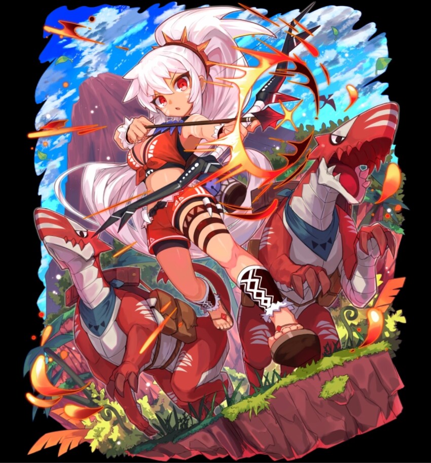1girl :o arrow_(projectile) belt bike_shorts bike_shorts_under_shorts black_background bow_(weapon) breasts cleavage cloud creature dragon facepaint front-tie_top full_body grass high_ponytail highres holding holding_arrow holding_bow_(weapon) holding_weapon ivy large_breasts leaf long_hair looking_at_viewer merc_storia merc_storia_art_team motion_lines mountain official_art outdoors ponytail quiver red_eyes red_shorts rubela_(merc_storia) sandals shorts simple_background sky solo standing tachi-e thigh_belt thigh_strap tree tsurime v-shaped_eyebrows very_long_hair weapon white_hair