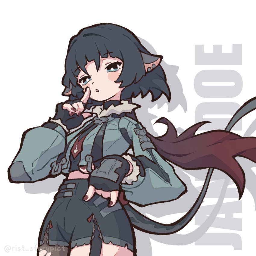 1girl animal_ears black_gloves black_hair black_necktie black_shorts blue_eyes character_name commentary cowboy_shot earrings english_commentary fingerless_gloves fur-trimmed_jacket fur_trim gloves grey_jacket high-waist_shorts highres index_finger_raised jacket jane_doe_(zenless_zone_zero) jewelry long_hair looking_at_viewer mouse_ears mouse_girl mouse_tail multicolored_hair necktie open_mouth pantyhose red_hair red_nails red_necktie shadow shorts single_leg_pantyhose solo tail torn_clothes torn_pantyhose two-tone_necktie user_rfde4742 white_background zenless_zone_zero