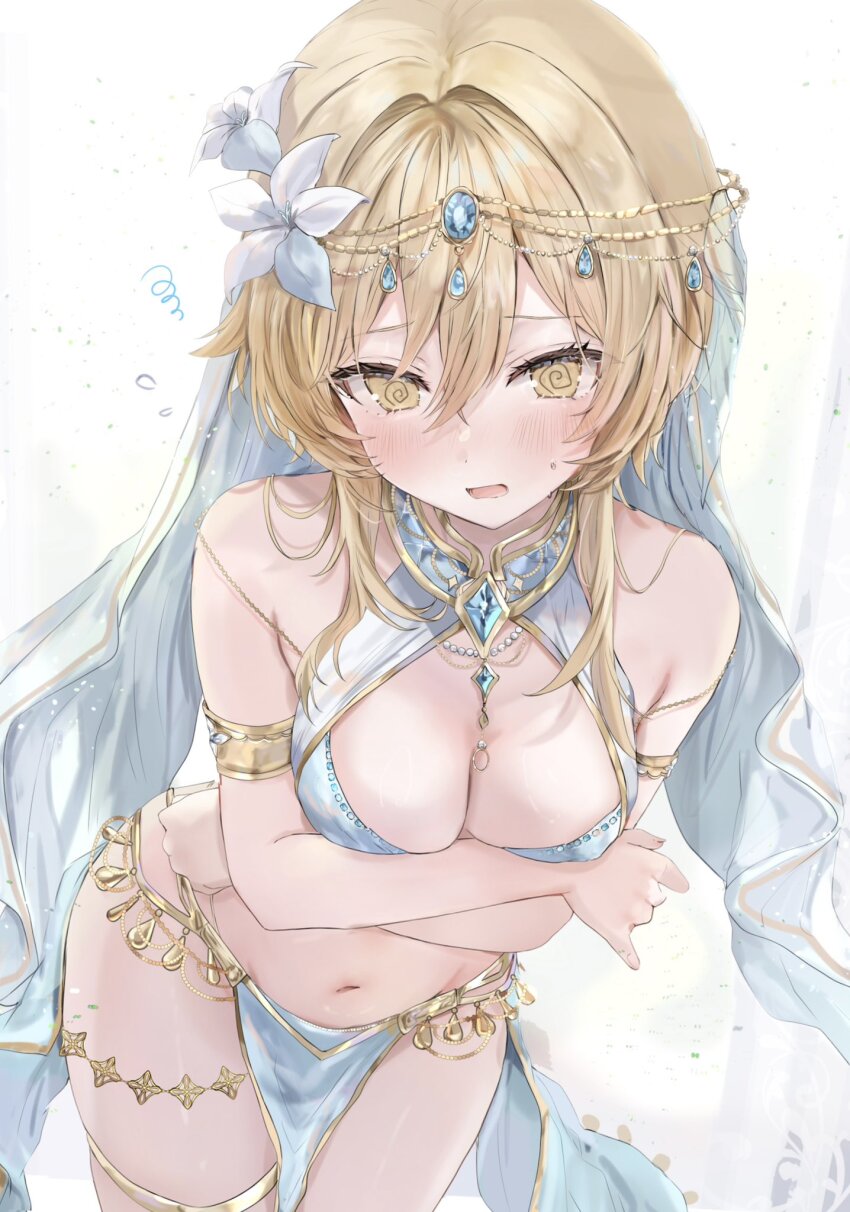 1girl @_@ alternate_costume arms_under_breasts bare_shoulders blonde_hair blue_gemstone blue_loincloth blush breasts cleavage commentary dancer fingernails flower gem genshin_impact hair_between_eyes hair_flower hair_ornament harem_outfit hashtag-only_commentary highres leaning_forward loincloth looking_at_viewer lumine_(genshin_impact) maruro medium_breasts navel open_mouth short_hair_with_long_locks solo stomach white_flower yellow_eyes