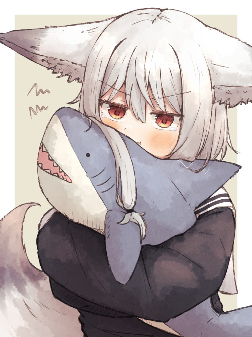 1girl :t animal_ears black_shirt closed_mouth commentary_request fox_ears fox_girl fox_tail highres hugging_object long_sleeves looking_at_viewer mayu_(meguru_1225) meguru_1225 original red_eyes sailor_collar sailor_shirt shirt simple_background solo stuffed_animal stuffed_shark stuffed_toy tail tearing_up tears v-shaped_eyebrows white_hair white_sailor_collar