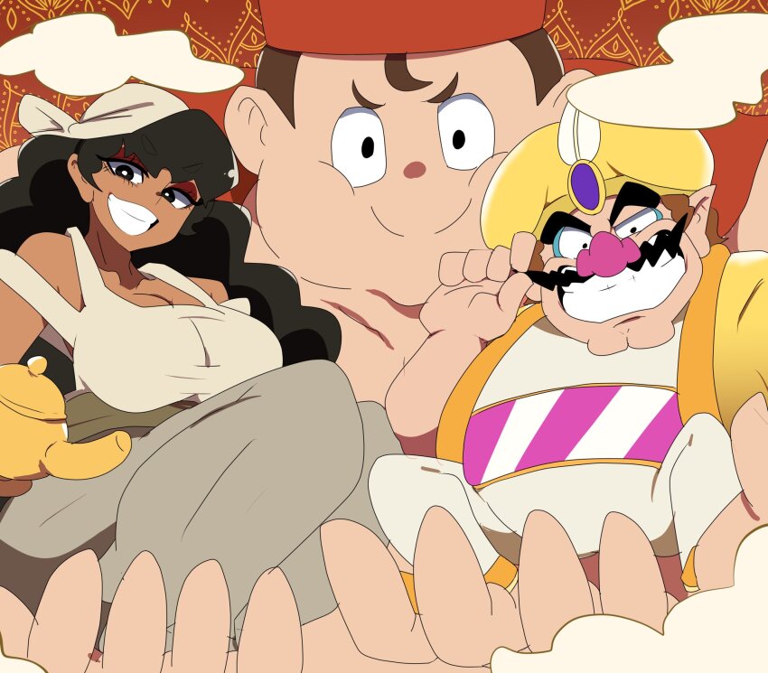 1girl 2boys bad_tag bandana big_nose black_hair breasts brown_hair captain_syrup chicken-rib cleft_chin clenched_teeth cloud commentary_request dark_skin evil_grin evil_smile eyeshadow facial_hair feathers fez_hat forehead_jewel gem genie_(wario_land) grin hat hat_feather highres holding holding_mini_person holding_mustache large_breasts long_mustache looking_at_viewer looking_down makeup mario_(series) mario_kart mario_kart_world mini_person multiple_boys mustache nintendo oil_lamp pointed_footwear pointy_ears purple_gem red_eyeshadow red_vest sash size_difference smile teeth thick_eyebrows turban twirling_mustache vest wario wario_(oasis) wario_land wario_land:_super_mario_land_3 yellow_turban