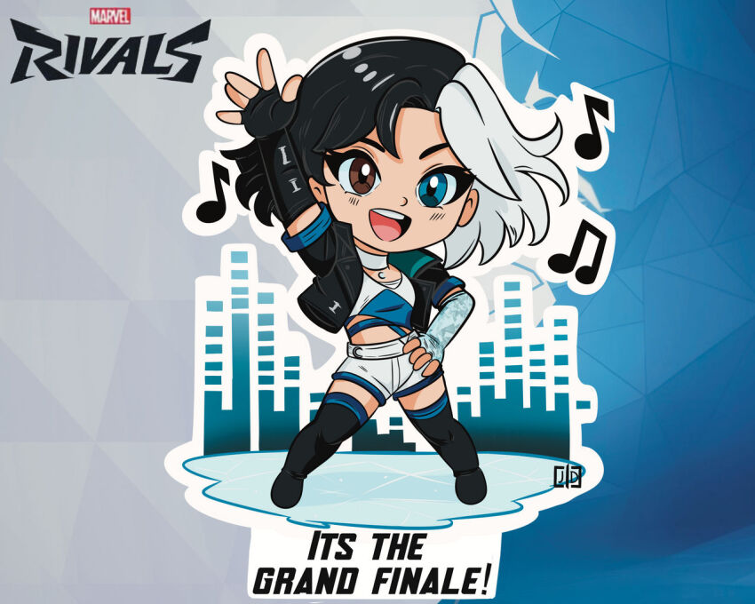 arm_up asymmetrical_gloves black_boots black_hair black_jacket blue_eyes boots brown_eyes choker commentary copyright_logo copyright_name crop_top cropped_jacket elbow_gloves english_commentary english_text eyelashes fingerless_gloves full_body gloves hand_on_own_hip heterochromia jacket jdofasgard logo luna_snow marvel marvel_rivals merchandise_available midriff mismatched_gloves multicolored_hair musical_note open_clothes open_jacket open_mouth outline short_hair shorts smile solo split-color_hair standing teeth two-tone_hair upper_teeth_only white_choker white_hair white_outline white_shorts