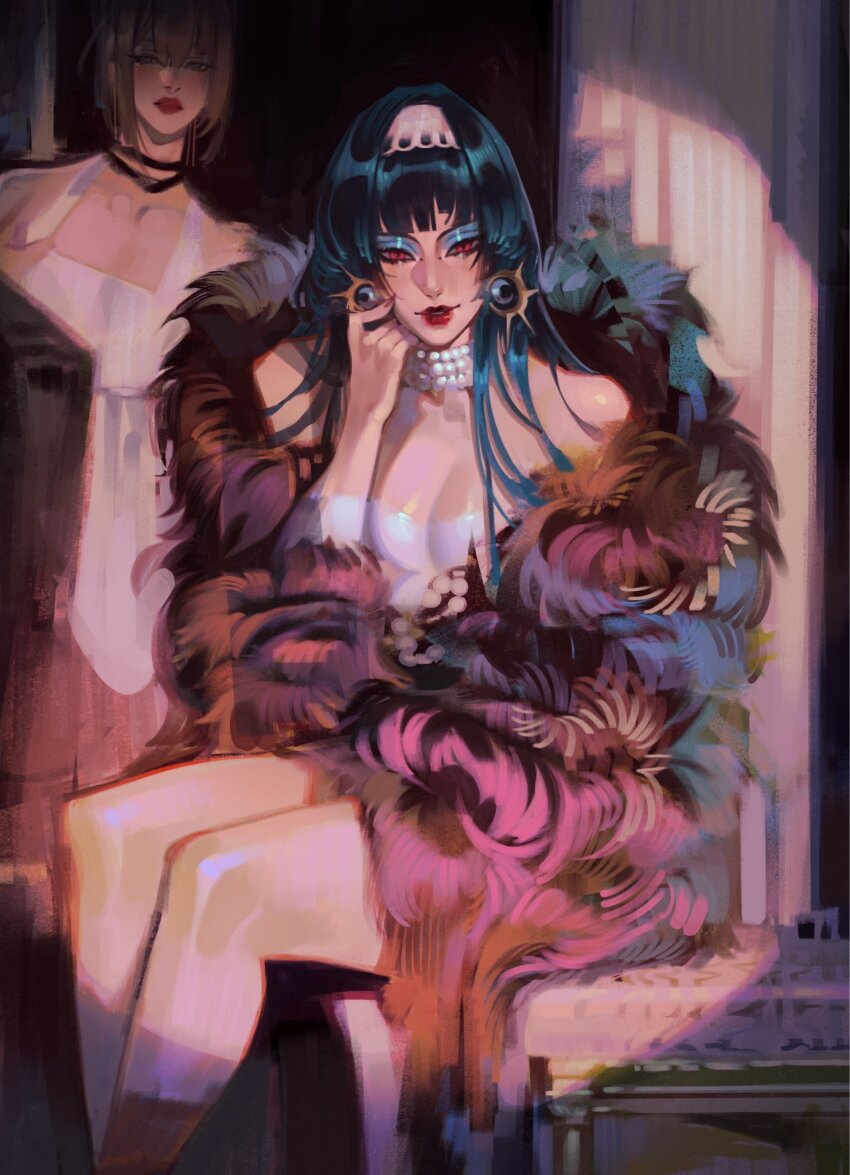 2girls astra_yao earrings evelyn_chevalier fur_collar hairband highres jewelry looking_at_viewer multiple_girls pearl_choker red_eyes red_lips shatukawa sitting white_hairband zenless_zone_zero