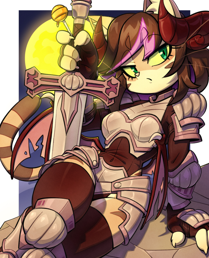1girl absurdres animal_ears armor border breasts brown_hair cat_ears cat_girl cat_tail colored_sclera commentary demon_horns demon_wings english_commentary furry furry_female green_eyes highres holding holding_sword holding_weapon horns jitome looking_at_viewer medium_breasts original short_hair solo sword tail weapon whiskers white_border wings xuao2000 yellow_sclera