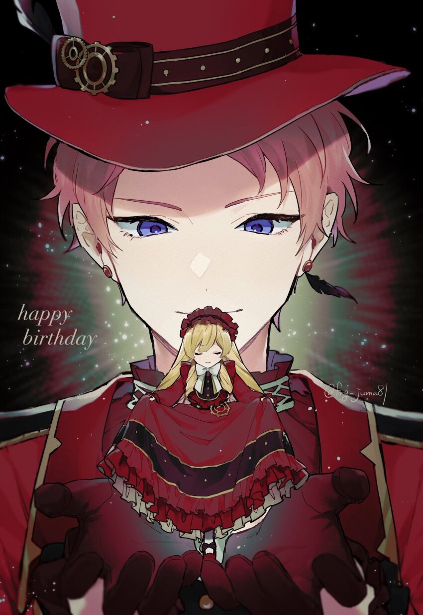 1boy 1girl blonde_hair bowing closed_eyes closed_mouth commentary earrings ensemble_stars! facing_viewer feather_earrings feathers gears hands_up happy_birthday hat highres itsuki_shu jewelry juma_(wolf81gizinka) long_hair long_sleeves looking_at_another mademoiselle_(ensemble_stars!) pink_hair purple_eyes short_bangs short_hair smile stud_earrings symbol-only_commentary top_hat upper_body