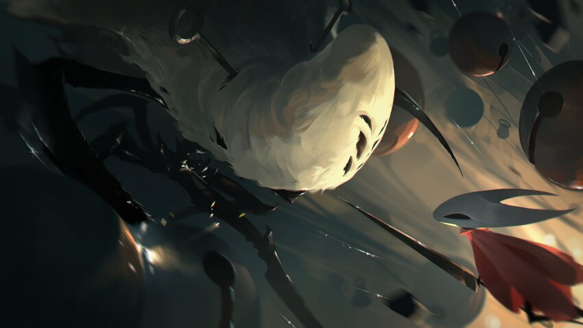 2girls absurdres arthropod_girl bell black_eyes black_skin boss_fight cloak colored_skin commentary_request extra_eyes hdhenry highres holding holding_weapon hollow_eyes hollow_knight hollow_knight:_silksong horned_mask hornet_(hollow_knight) horns looking_at_another mask multiple_girls needle_(hollow_knight) pin_(hollow_knight) red_cloak silk string weapon white_mask widow_(hollow_knight)