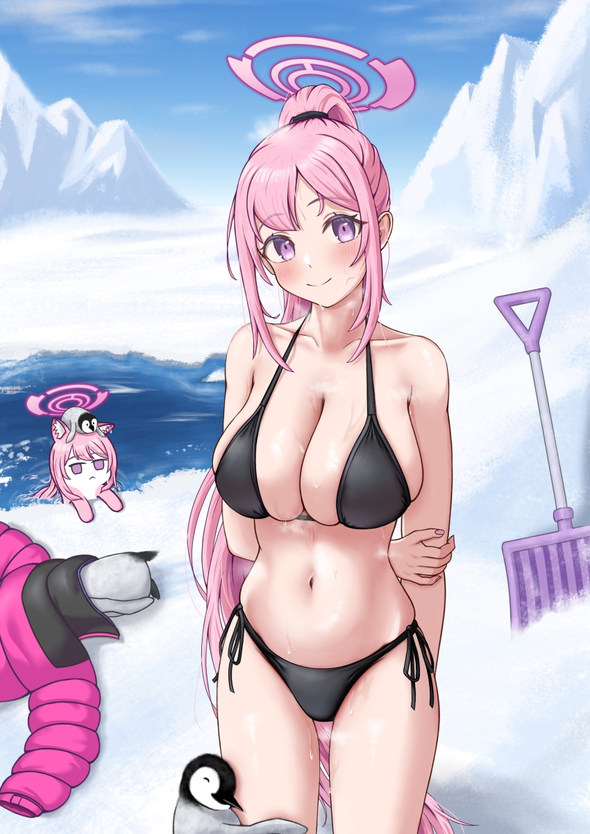 absurdres arms_behind_back bikini bird black_bikini blue_archive blush breasts commentary_request eimi_(blue_archive) eimi_(swimsuit)_(blue_archive) hair_tie halterneck hand_on_own_arm highres huge_breasts jacket long_hair napweasel navel official_alternate_costume penguin pink_eyes pink_hair pink_jacket ponytail sidelocks smile swimsuit unworn_jacket weasel