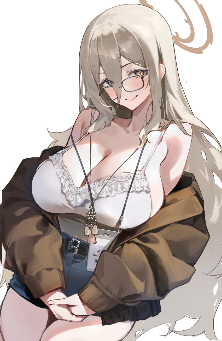 1girl absurdres akane_(blue_archive) bare_shoulders blonde_hair blue_archive blue_shorts blush breasts brown_eyes brown_halo brown_jacket cleavage collarbone commentary english_commentary glasses hair_between_eyes halo highres jacket jewelry large_breasts long_hair_between_eyes looking_at_viewer name_tag necklace open_clothes open_jacket runfufu shirt shorts smile solo thighs white_shirt