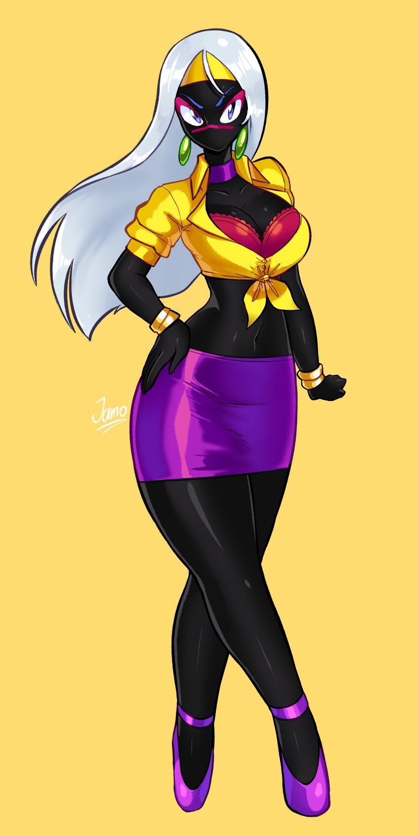 1girl absurdres armlet black_skin bra bracelet breasts choker colored_skin dark-skinned_female dark_skin duck_dodgers earrings full_body gold_armlet gold_bracelet highres jamoart jewelry large_breasts long_hair looking_at_viewer medium_breasts midriff navel no_mouth pencil_skirt purple_choker purple_eyes purple_shoes purple_skirt queen_tyr'ahnee red_bra shirt shoes simple_background skirt solo tied_shirt underwear white_hair wide_hips yellow_background yellow_shirt