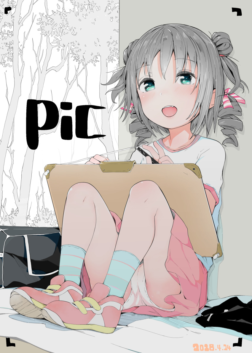 1girl bag blue_eyes blush commentary drawing_(action) drawing_board drill_hair english_commentary fang forest full_body grey_hair hair_bun highres kinomoto_(nazonoinu) looking_at_viewer nature open_mouth original outdoors panties sitting skirt smile solo twin_drills underwear v white_panties