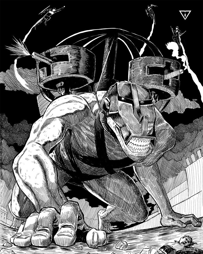 4others ambiguous_gender cart_titan commentary crawling crosshatching hatching_(texture) helmet highres multiple_others other_focus seveninks shingeki_no_kyojin ship_turret smoke three-dimensional_maneuver_gear titan_(shingeki_no_kyojin) watermark