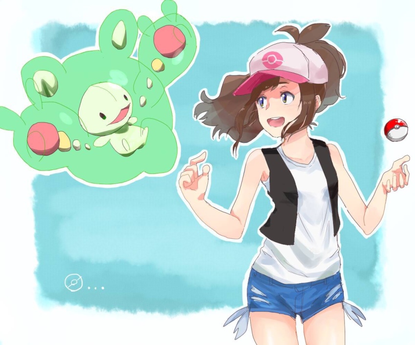 black_eyes brown_hair hat hilda_(pokemon) minion nintendo open_mouth poke_ball pokemon ponytail shorts