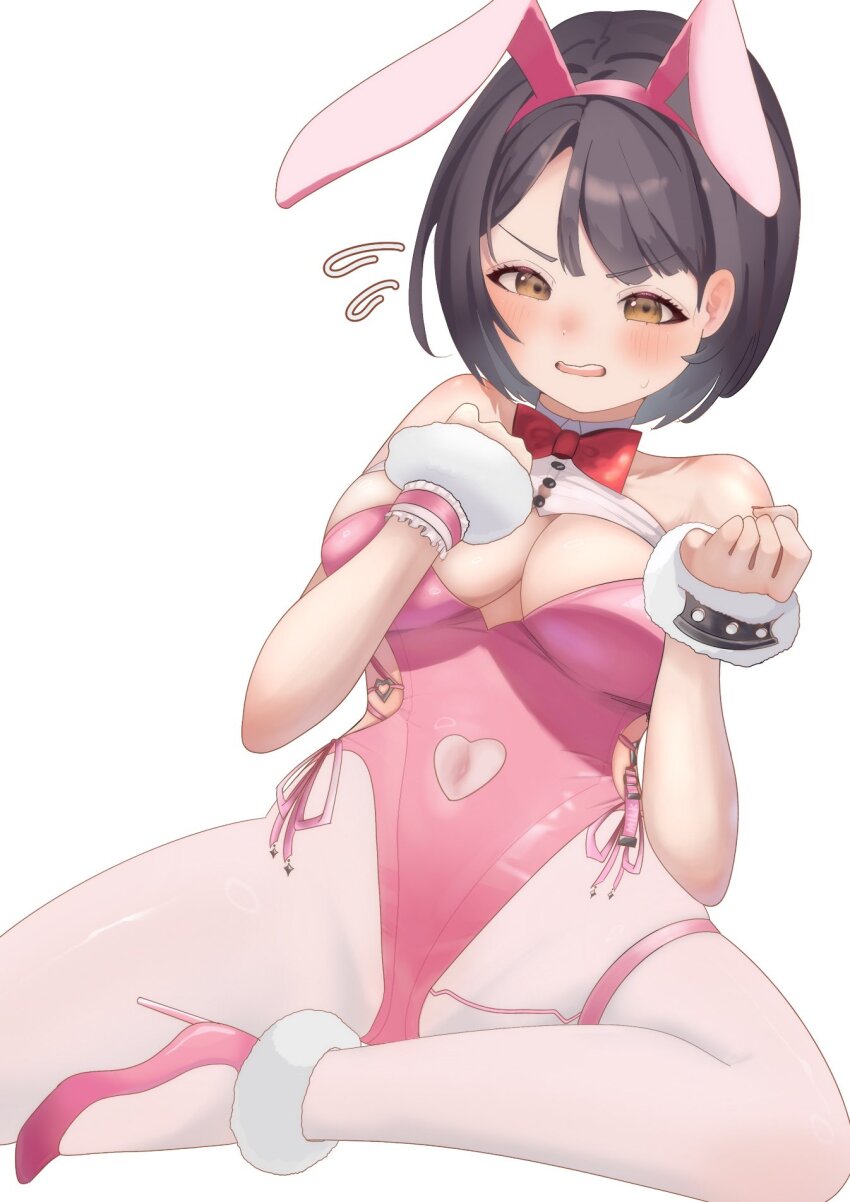 animal_ear_hairband animal_ears black_hair breasts clothing_cutout commentary_request earpiece fake_animal_ears goddess_of_victory:_nikke hairband highres hiphighs huge_breasts implied_vibrator large_breasts leotard milk milk-chan milk_(blooming_bunny)_(nikke) milk_(nikke) navel_cutout pink_leotard playboy_bunny rabbit_ear_hairband rabbit_ears red_hiphighs simple_background spade_pasties undersized_breast_cup vibrator_cord