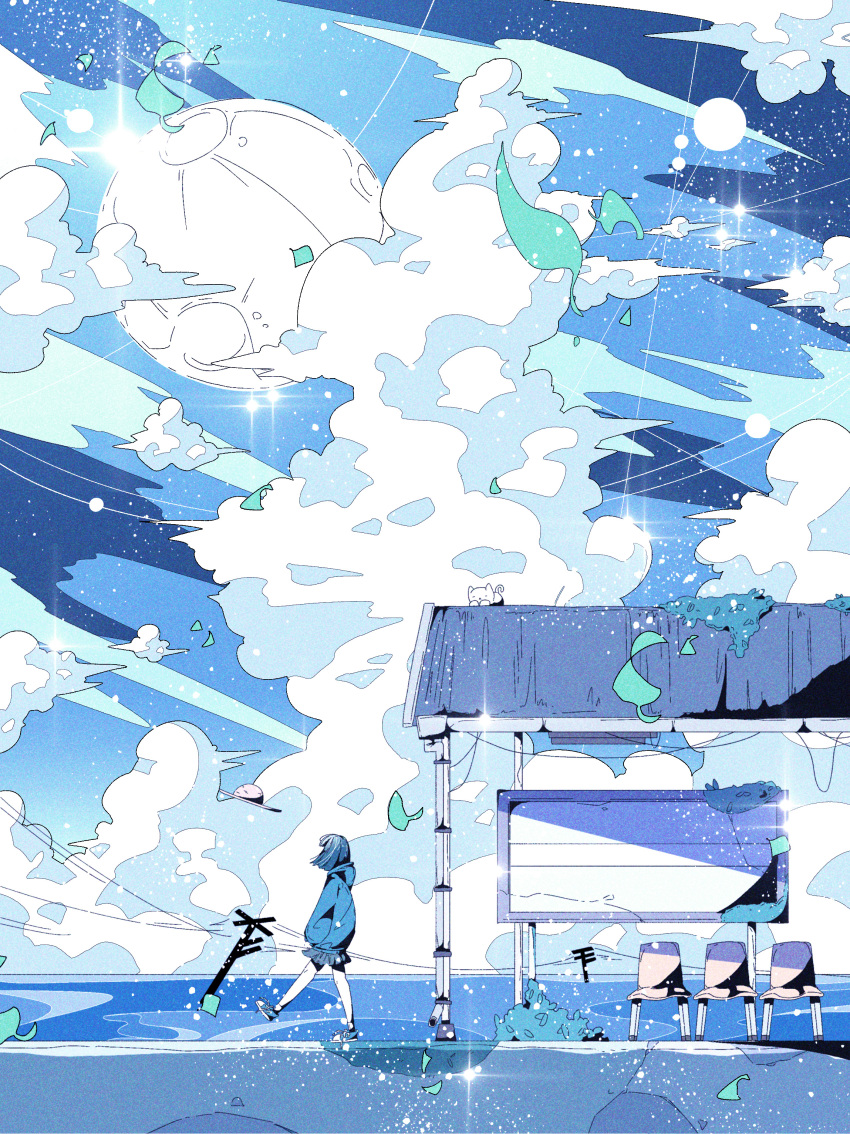 1girl absurdres blue_sky blue_theme bus_stop cloud commentary_request cumulonimbus_cloud highres moon nekofood_lima night ocean original outdoors scenery sky standing very_wide_shot