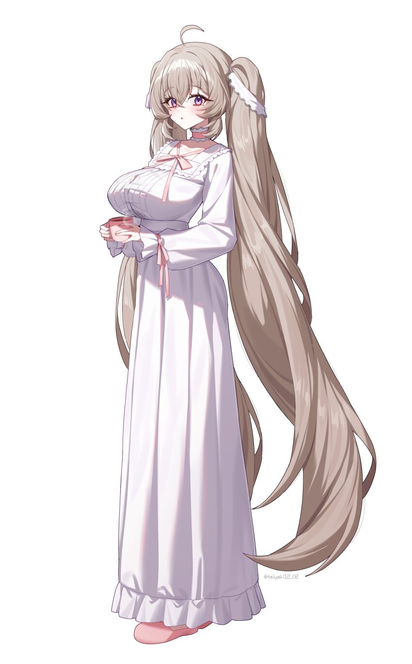 1girl absurdres ahoge breasts brown_hair commentary cup dress english_commentary full_body highres holding holding_cup large_breasts long_hair long_sleeves mug original parted_lips pink_slippers purple_eyes simple_background slippers solo taiyaki12 twintails twitter_username very_long_hair white_background white_dress