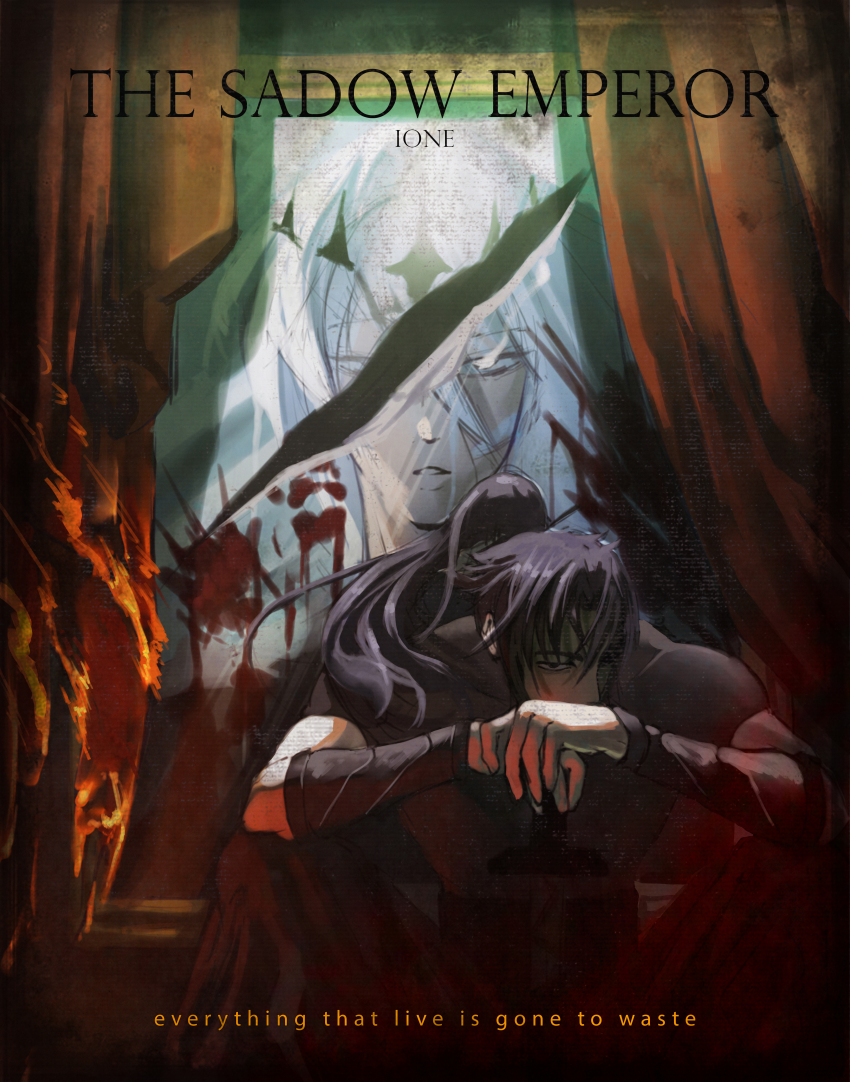1boy 1girl absurdres black_hair black_shirt blood blood_splatter burning censored censored_identity cqu crown curtained_hair curtains embers feet_out_of_frame glaring grey_eyes high_ponytail highres long_hair looking_at_viewer nephis_(shadow_slave) one_eye_covered own_hands_together parted_lips planted planted_sword planted_weapon ponytail portrait_(object) shadow_slave shirt sitting sunny_(shadow_slave) sword symbolism tight_clothes tight_shirt typo weapon white_hair