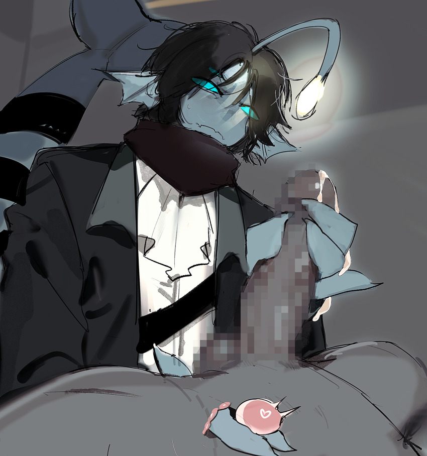 2boys accessories anglerfish anglerfish_boy ascot belt black_hair black_jacket black_scarf blue_scales blue_sclera blue_skin censored cetacean_tail claws closed_mouth colored_sclera colored_skin cum cum_on_body cum_on_hands erection extra_eyes fang fingering fingernails fins fish fish_tail glansjob glaring glowing handjob handjob_while_fingering head_fins heart highres jacket long_sleeves lying merfolk merman monster_boy mosaic_censoring multiple_belts multiple_boys open_clothes open_jacket parted_bangs penis player_character_(roblox) pressure_(roblox) prostate prostate_milking prostate_orgasm roblox scarf sea_snake sebastian_solace sharp_fingernails shirt short_hair skin_fang sweatdrop tail testicles third_eye white_ascot white_shirt white_undershirt yaoi