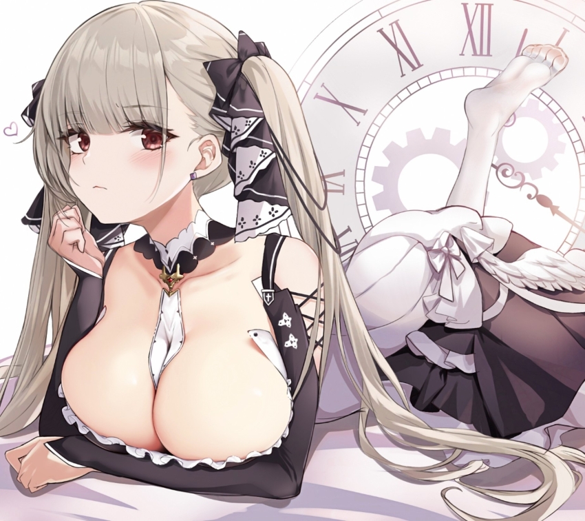 1girl arm_under_breasts azur_lane black_dress breasts brown_eyes cleavage collarbone commentary_request cowboy_shot dress formidable_(azur_lane) grey_hair head_rest highres huge_breasts long_hair looking_at_viewer lying on_stomach saint_laurent_paris solo twintails very_long_hair