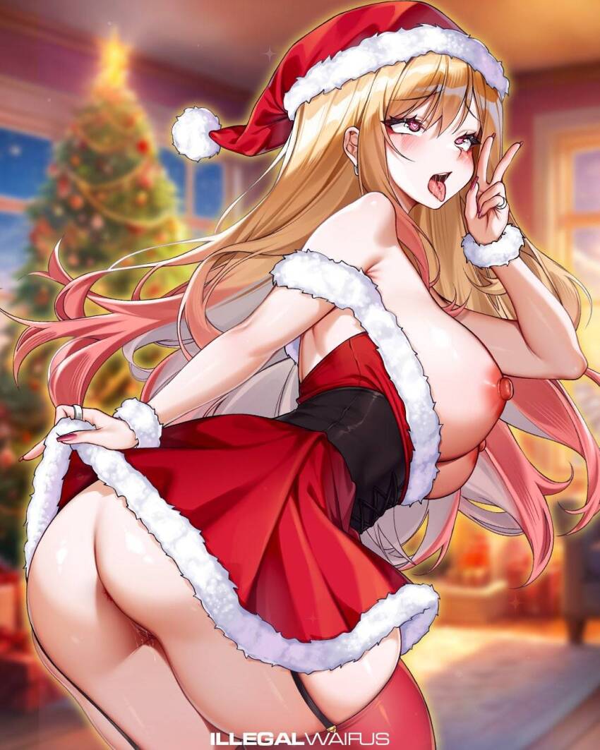 1girl ahegao anus arm_up armpits artist_name ass bare_shoulders blonde_hair blurry blurry_background blush breasts brown_corset christmas christmas_lights christmas_ornaments christmas_present christmas_stocking christmas_tree commentary corset covered_navel dress drooling earrings english_commentary eyelashes gift hair_ornament hat heart heart-shaped_pupils highres illegalwaifus jewelry kitagawa_marin large_breasts leotard long_hair merry_christmas multicolored_eyes multicolored_hair nipples no_panties open_mouth pink_streaks pointy_breasts pussy pussy_juice raised_eyebrows red_dress red_leotard red_thighhighs saliva santa_costume santa_dress santa_hat self-upload shiny_skin solo sono_bisque_doll_wa_koi_wo_suru strapless strapless_leotard symbol-shaped_pupils teeth thick_thighs thigh_strap thighhighs thighs tongue tongue_out very_long_hair watermark white_fur