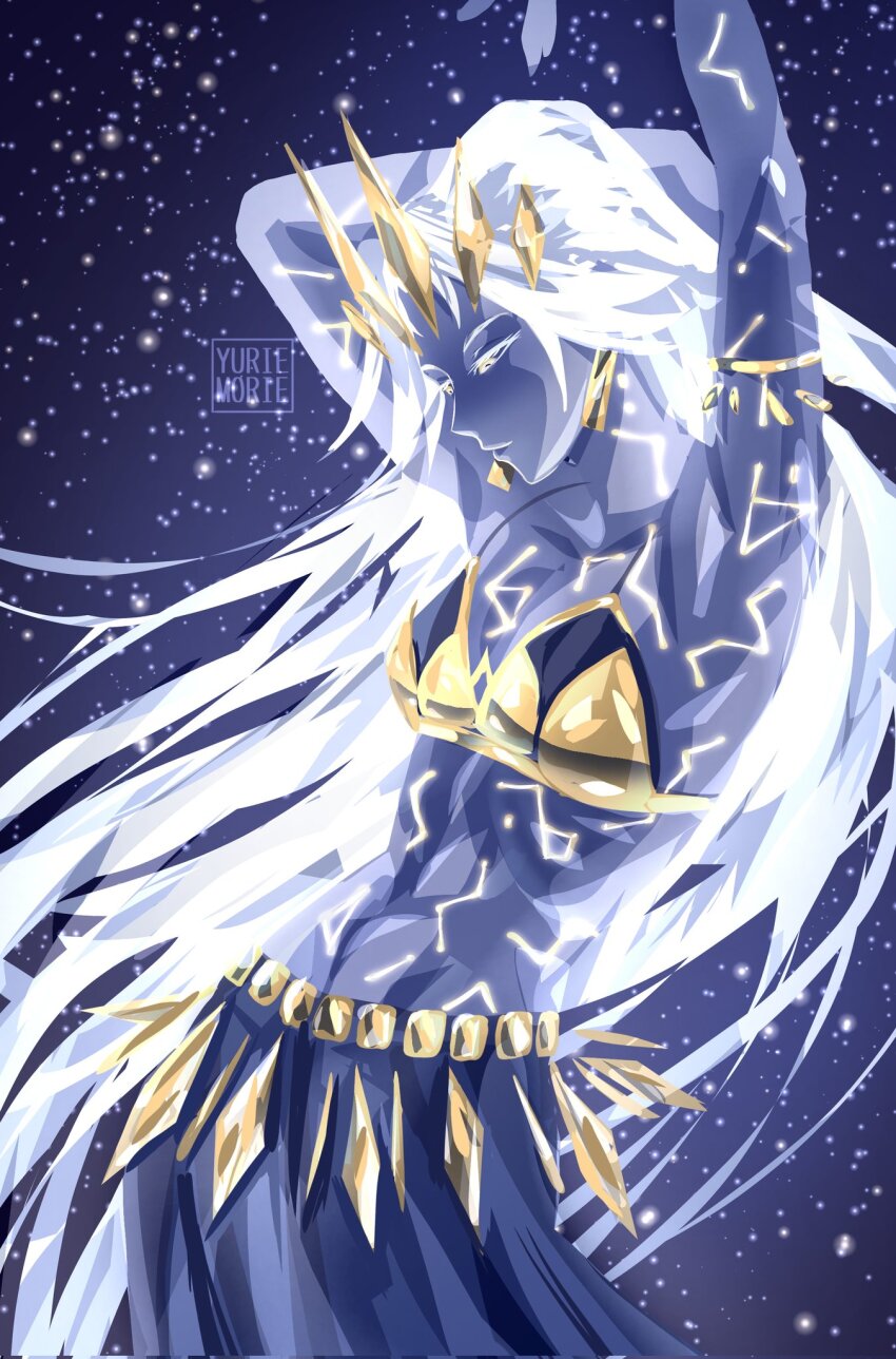 1girl bad_link breasts cleavage cosmic earrings glowing glowing_lines gold_bra gold_earrings gold_skirt gold_tiara highres jewelry long_hair queen_(to_be_hero_x) solo star_(sky) starry_sky_background to_be_hero to_be_hero_x white_hair yuriemorie_(artist)