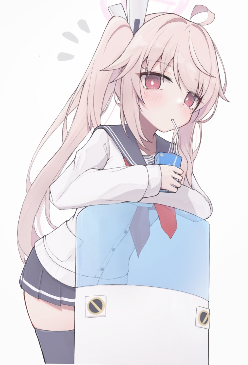 1girl ahoge blue_archive bright_pupils cardigan commentary_request drink drinking_straw drinking_straw_in_mouth grey_sailor_collar grey_skirt halo highres holding holding_drink long_hair matchadzuke miniskirt natsu_(blue_archive) neckerchief partial_commentary pink_eyes pink_hair pink_halo pleated_skirt red_neckerchief sailor_collar skirt solo white_background white_cardigan white_pupils