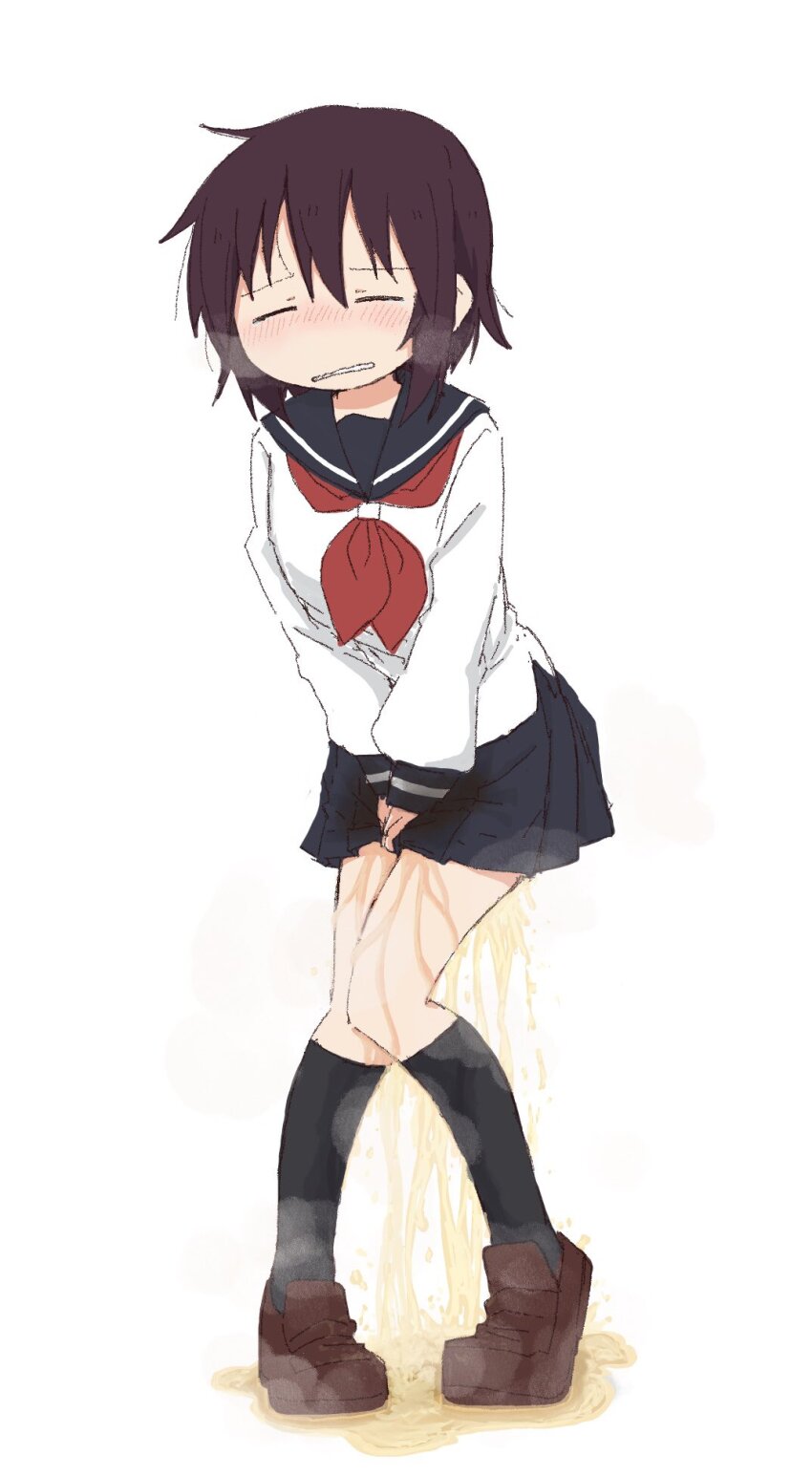 1girl between_legs black_socks blue_sailor_collar blue_skirt blush breath brown_hair brown_shoes clenched_teeth closed_eyes embarrassed female_focus flat_chest full_body hand_between_legs have_to_pee heel_up kneehighs knees_together_feet_apart kude_rei_(ponnu_(tnpn2yw)) large_variant_set leaning_forward long_sleeves miniskirt neckerchief nose_blush original own_hands_together pee peeing peeing_self pigeon-toed pleated_skirt ponnu_(tnpn2yw) puddle red_neckerchief sailor_collar school_uniform serafuku shirt shoes short_hair sidelocks simple_background skirt socks solo standing steam teeth v_arms variant_set wet wet_clothes wet_skirt wet_socks white_background white_shirt