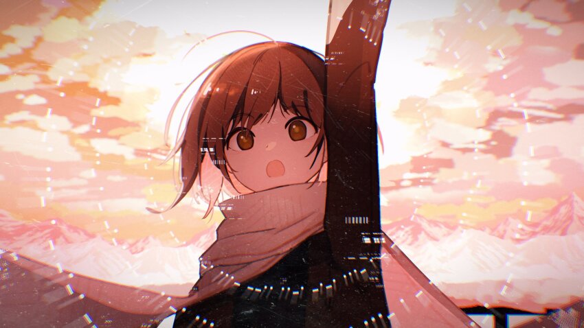 1girl :o arm_up asya_shubina brown_coat brown_eyes brown_hair cloud cloudy_sky coat commentary english_commentary hashtag-only_commentary highres looking_at_viewer mountain orange_sky pink_scarf portrait pseudoc01or scarf sky solo yellow_pupils z.a.t.o._//_i_love_the_world_and_everything_in_it