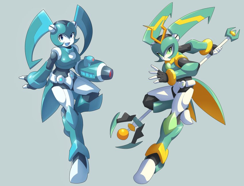 android aqua_hair arm_cannon blue_eyes breasts colored_sclera colored_skin green_eyes green_hair green_sclera highres holding holding_weapon humanoid_robot jenny_wakeman looking_at_viewer mega_man_(series) mega_man_zero_(series) mega_man_zx my_life_as_a_teenage_robot open_mouth parody polearm robot robot_girl style_parody trident twintails ultimatemaverickx weapon white_skin