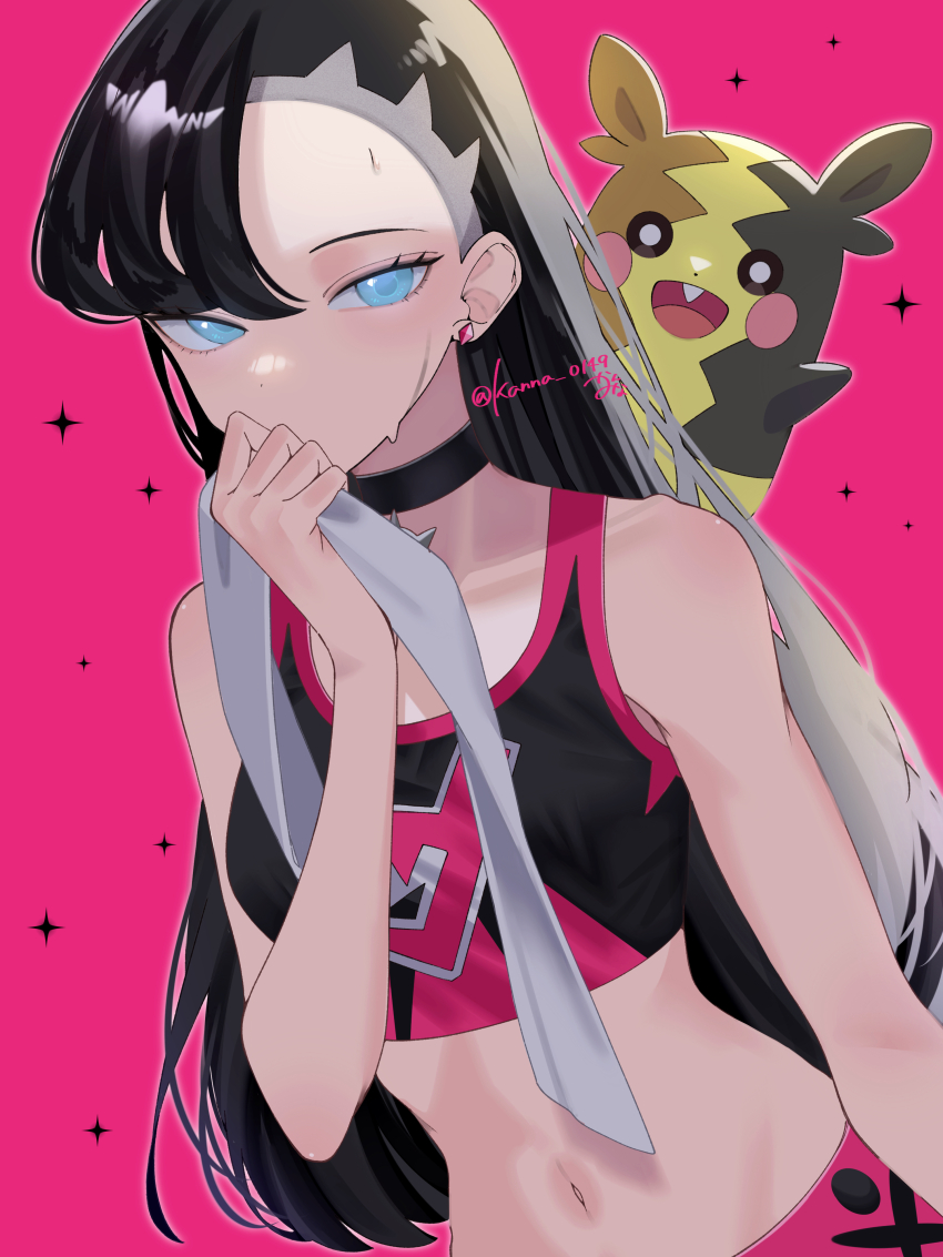 1girl absurdres aqua_eyes asymmetrical_bangs black_choker black_hair breasts choker commentary_request crop_top gen_8_pokemon hair_down highres holding holding_towel kanna_0149 long_hair looking_at_viewer marnie_(pokemon) midriff morpeko morpeko_(full) navel nintendo pink_background pokemon pokemon_(creature) pokemon_swsh small_breasts sports_bra straight_hair sweat towel upper_body very_long_hair