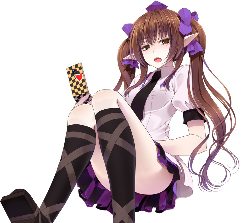 1girl black_necktie black_socks brown_eyes brown_hair cellphone checkered_clothes checkered_skirt collared_shirt commentary_request convenient_leg crote fingernails flip_phone foot_out_of_frame geta hair_ornament hair_ribbon half-closed_eyes hand_on_own_leg hat heart highres himekaidou_hatate holding holding_phone kneehighs large_variant_set long_hair looking_at_viewer miniskirt necktie open_mouth phone pointy_ears puffy_short_sleeves puffy_sleeves ribbon sandals shirt short_sleeves skirt socks solo teeth tokin_hat touhou transparent_background twintails upper_teeth_only variant_set white_shirt