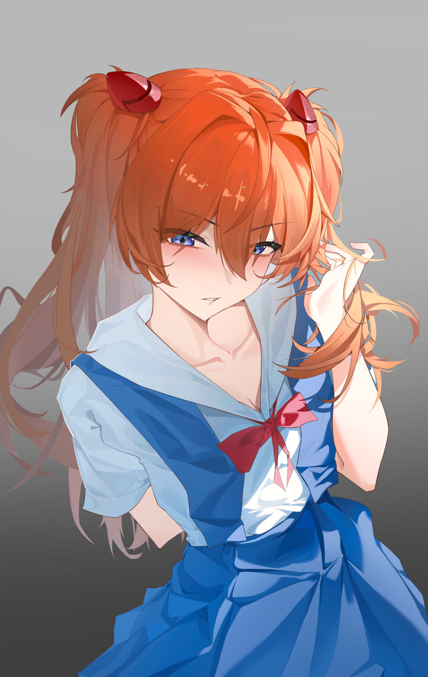 1girl artist_request blue_eyes blue_skirt blush breasts brown_hair grey_background hair_between_eyes hand_in_own_hair highres interface_headset_(evangelion) long_hair looking_at_viewer neon_genesis_evangelion red_ribbon ribbon school_uniform shirt simple_background skirt souryuu_asuka_langley suspender_skirt suspenders tokyo-3_middle_school_uniform tsundere two_side_up white_shirt
