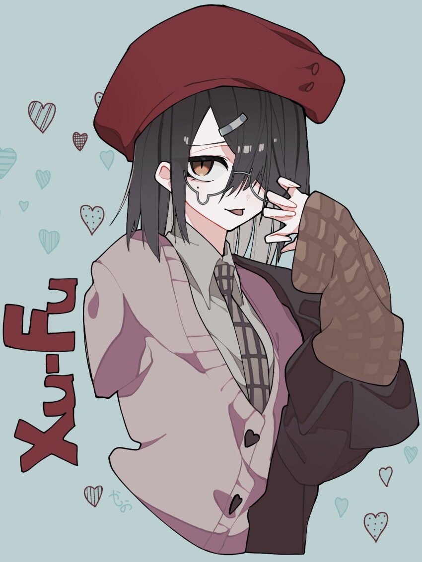 1girl beret black_hair black_jacket brown_eyes brown_necktie buttons checkered_clothes claw_pose commentary_request cropped_torso fate/grand_order fate_(series) glasses green_background grey_shirt hair_ornament hair_over_one_eye hairclip hand_up hat heart heart_button highres jacket kiga_salt long_sleeves looking_at_viewer necktie pink_sweater red_hat shirt slit_pupils smile solo sweater teardrop-framed_glasses tongue tongue_out wing_collar xu_fu_(fate)