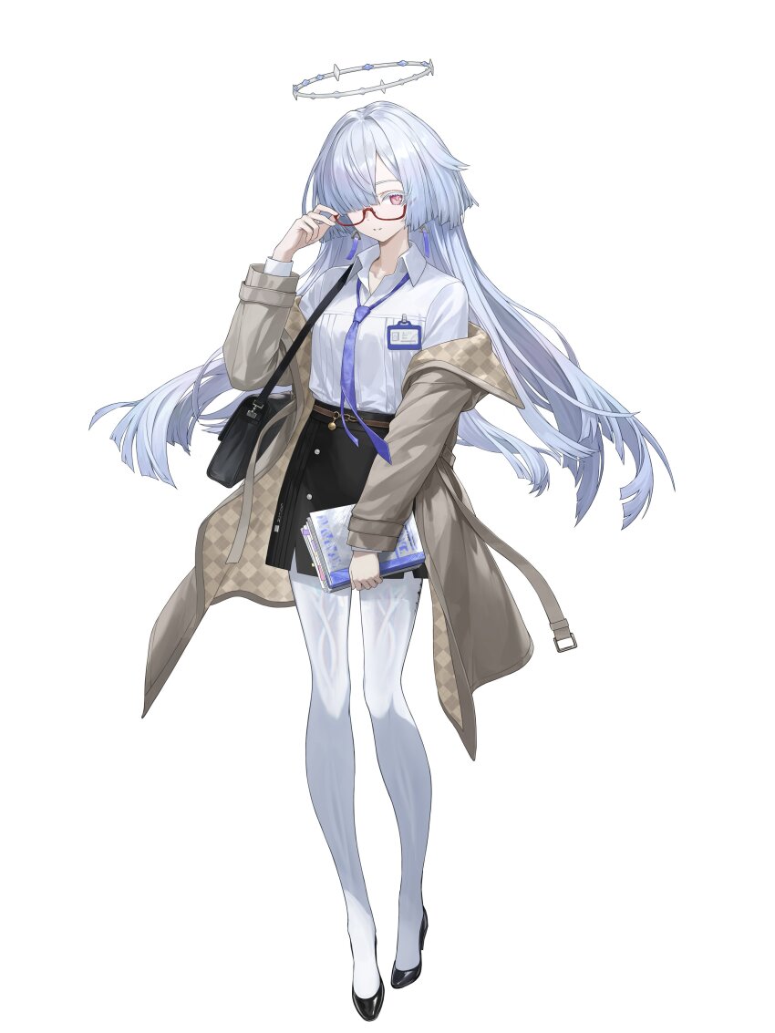 1girl absurdres adjusting_eyewear bag black_shoes black_skirt blue_hair book coat collared_shirt commentary_request floating_hair full_body hair_over_one_eye halo hand_up highres holding holding_book jacket long_hair long_sleeves looking_at_viewer mornye_(wuthering_waves) necktie official_alternate_costume official_art open_clothes open_coat parted_lips red_eyes school_bag school_uniform second-party_source shirt shoes simple_background skirt smile solo standing very_long_hair white_background white_shirt wuthering_waves