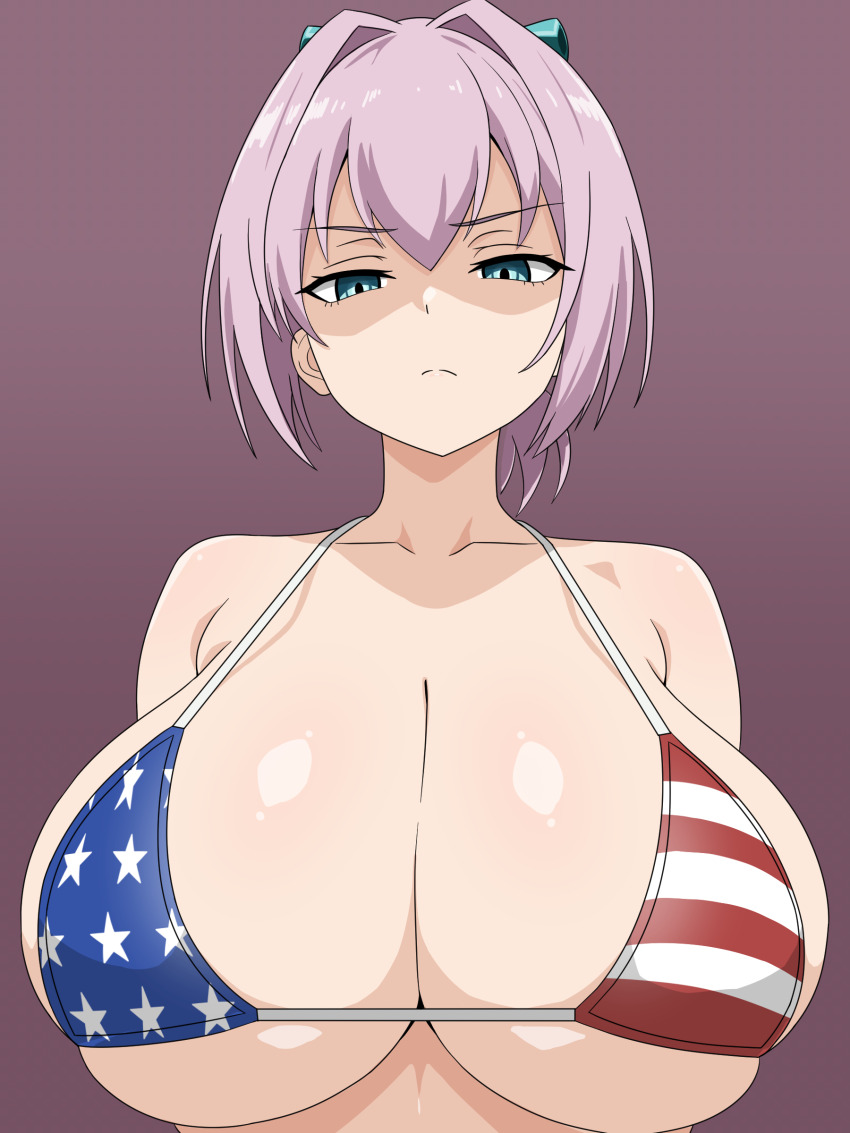 1girl absurdres american_flag american_flag_bikini american_flag_print armpit_crease bikini closed_mouth collarbone commentary_request eyelashes flag_print flag_print_bikini glaring hair_between_eyes hair_intakes highres kantai_collection looking_at_viewer micro_bikini migikoba ponytail print_bikini purple_background purple_hair shiranui_(kancolle) short_ponytail simple_background skindentation solo swimsuit upper_body
