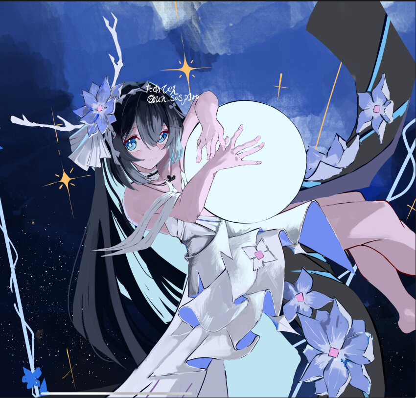 1girl artist_name barefoot black_hair blue_eyes blue_flower bright_pupils choker colored_inner_hair commentary_request dress flower frills highres honkai_(series) honkai_impact_3rd hugging_object long_hair multicolored_hair ormille seele_vollerei seele_vollerei_(herrscher_of_rebirth) sleeveless sparkle star_(sky) strap un_sosp1ro