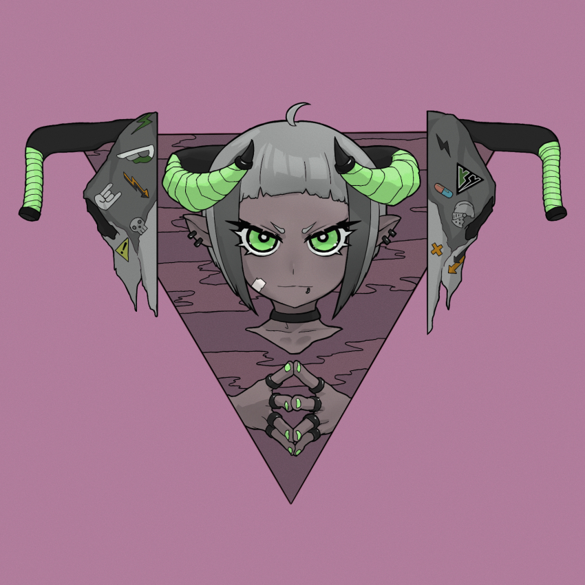 1girl black_choker blunt_bangs bright_pupils choker commentary_request cropped_head dark_skin ear_piercing face_piercing green_eyes handlebar highres horns jewelry lip_piercing looking_at_viewer original own_hands_together piercing pink_background pointy_ears post_(shake_shakepost) ring short_eyebrows short_hair steepled_fingers triangle white_pupils