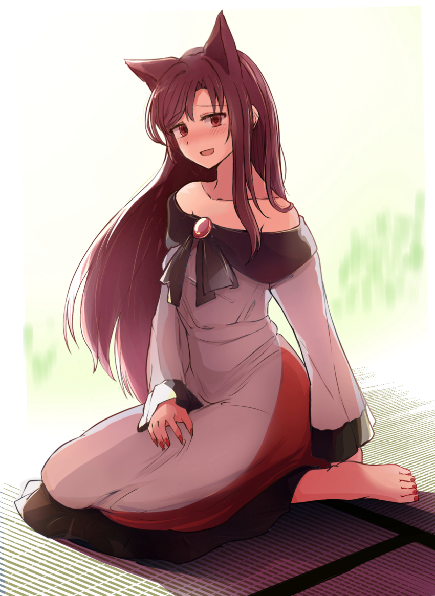 1girl animal_ears barefoot blush brooch brown_hair collarbone commentary_request dress highres imaizumi_kagerou jewelry long_hair long_sleeves looking_at_viewer morizou_shi multicolored_dress off-shoulder_dress off_shoulder open_mouth red_dress red_eyes red_nails sitting smile solo toes touhou very_long_hair white_dress wolf_ears