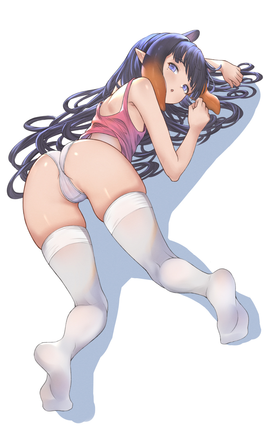 1girl absurdres alternate_costume ass bare_shoulders casual flat_chest highres hololive hololive_english honkivampy looking_back mole mole_under_eye multicolored_hair ninomae_ina'nis on_floor open_mouth orange_hair panties pointy_ears purple_eyes purple_hair solo tank_top tentacle_hair thighhighs underwear virtual_youtuber white_panties