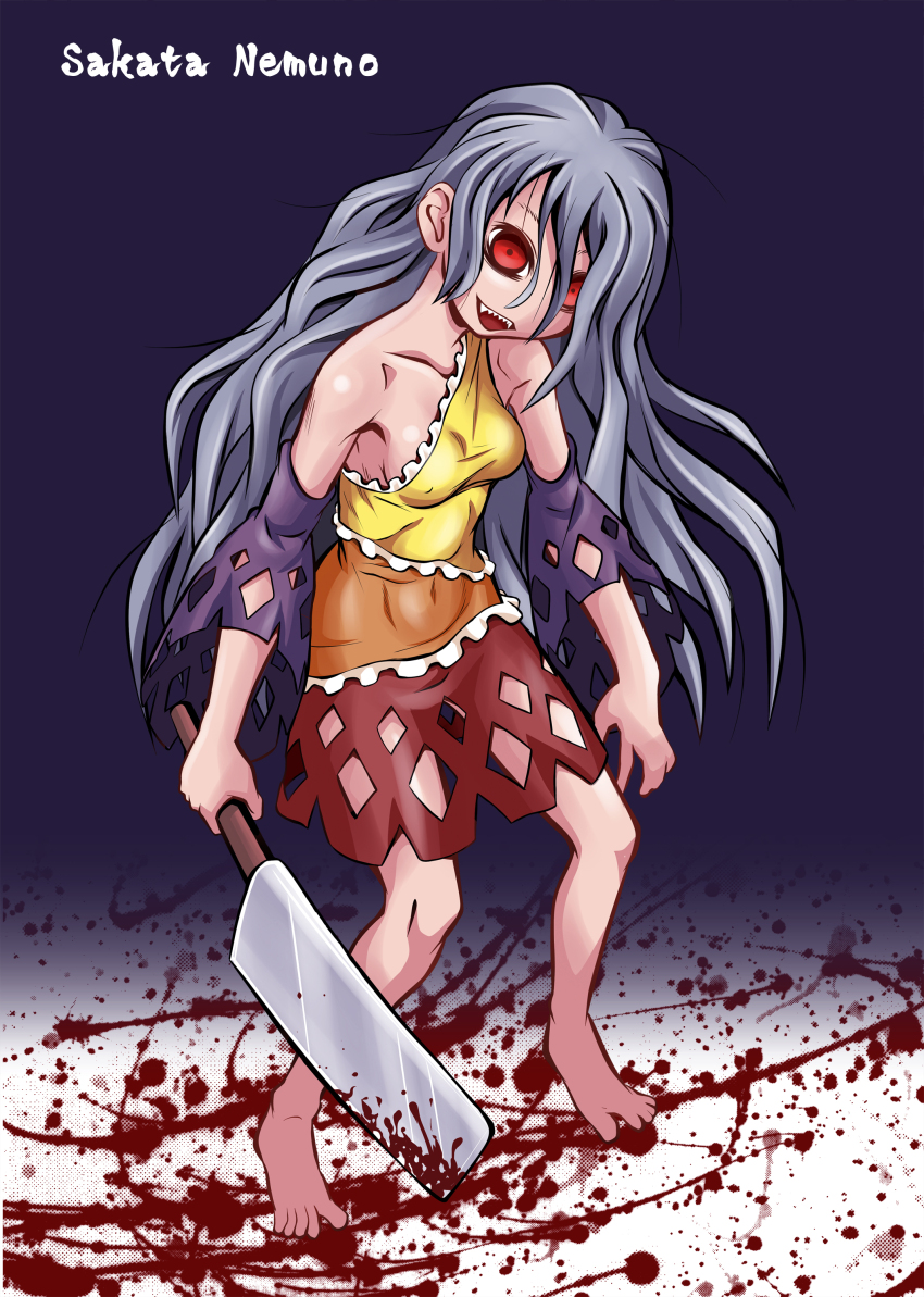 1girl absurdres ayana_mizuki bags_under_eyes barefoot blood blood_splatter bloody_weapon breasts character_name cleaver commentary_request detached_sleeves dress full_body grey_hair highres holding holding_cleaver long_hair looking_at_viewer medium_breasts messy_hair multicolored_dress open_mouth purple_background purple_sleeves red_eyes sakata_nemuno sharp_teeth single_strap skirt_cutout smile solo standing teeth touhou very_long_hair wavy_hair weapon