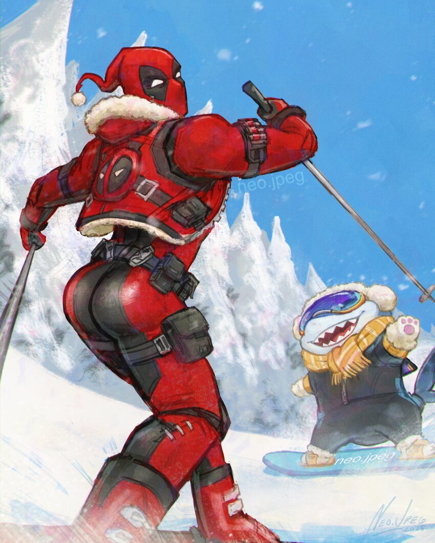 1boy absurdres commentary deadpool english_commentary fins fish_tail goggles highres jeff_(marvel) jeff_the_land_shark jeff_the_land_shark_(cuddly_fuzzlefin) marvel marvel_rivals neo_jpeg scarf shark shark_fin shark_tail skiing snow snowboard snowboarding superhero_costume tail the_simpsons yellow_scarf