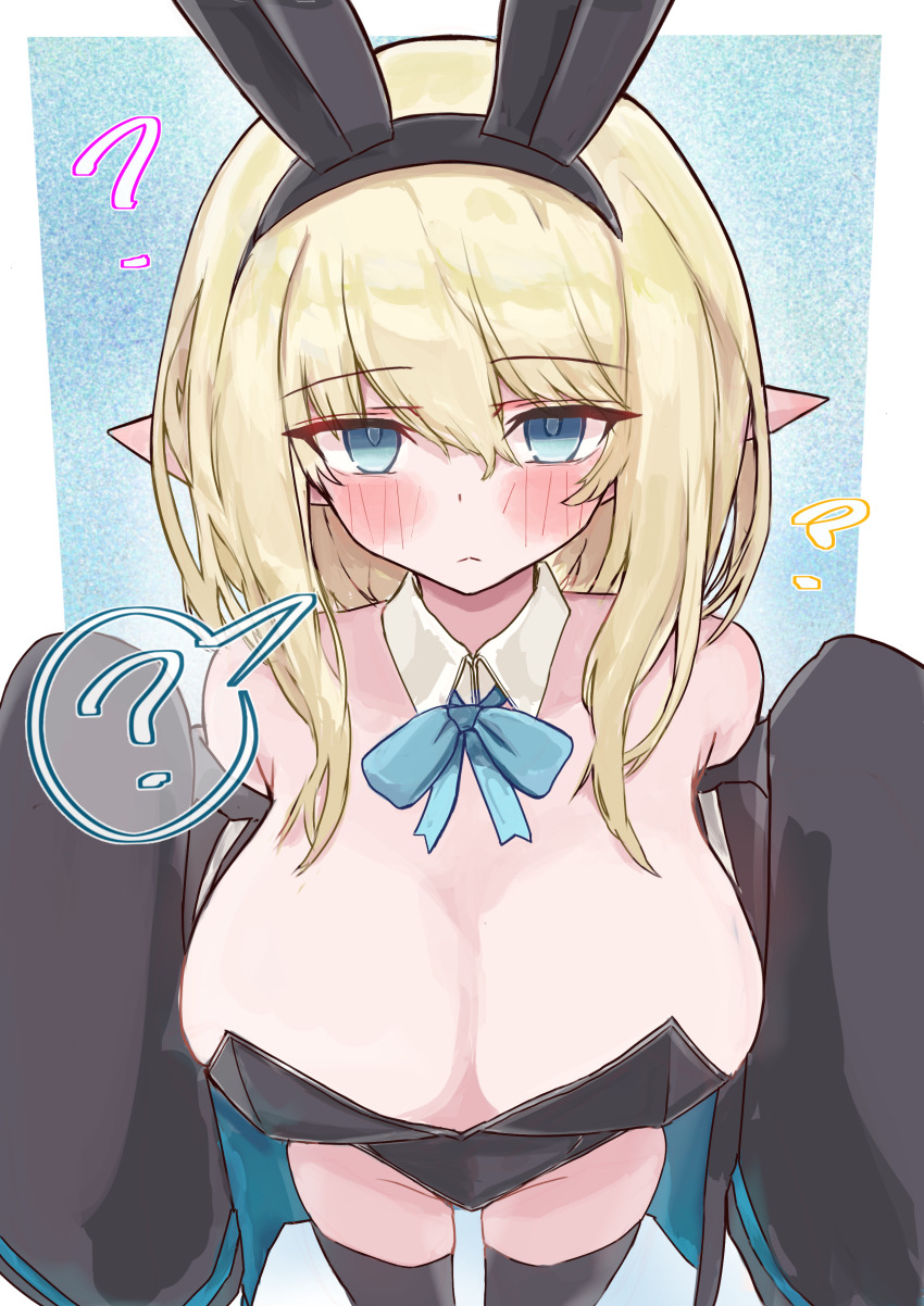 1girl :< ? absurdres alternate_breast_size_(larger) alternate_costume animal_ears arknights bare_shoulders black_jacket black_leotard black_thighhighs blonde_hair blue_bow blue_bowtie blue_eyes blue_skirt blush bow bowtie breasts cleavage closed_mouth commentary_request detached_collar durin_(arknights) fake_animal_ears highres jacket large_breasts leotard long_hair long_sleeves looking_at_viewer off_shoulder open_clothes open_jacket playboy_bunny pointy_ears rabbit_ears rorumarimo skirt sleeves_past_fingers sleeves_past_wrists solo speech_bubble spoken_question_mark strapless strapless_leotard thighhighs
